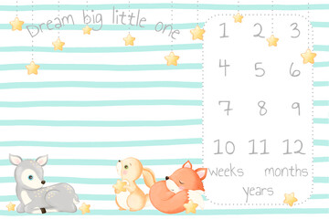 design for baby newborn blanket milestone, stars and cute little animals, baby animals, deer hare rabbit fox