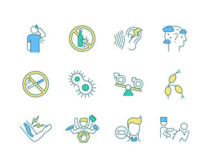 Illnesses and health conditions RGB color icons set. Work-related stress. Thyroid problems. Cognitive impairment. Musculoskeletal pain. Voice disorders. Full-body exam. Isolated vector illustrations