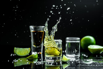 Mexican tequila with lime and salt on rustic black background. space for text. concept luxury drink. Alcoholic drink concept. Freeze motion, drops in liquid splash Mexican national drink - Powered by Adobe