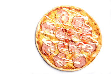 whole pizza with salami isolated on the white background