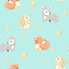 seamless pattern for baby newborn blanket milestone, stars and cute little animals, baby animals, deer hare rabbit fox