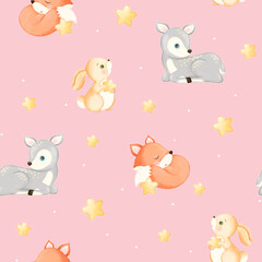 seamless pattern for baby newborn blanket milestone, stars and cute little animals, baby animals, deer hare rabbit fox