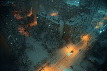 Snowy night in the city. View from the top.