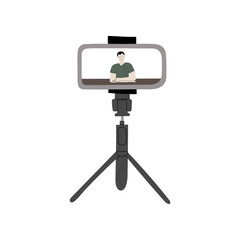 Vector handdrawn equipment for a vlogging. Blogger man making records with smartphone on a tripod
