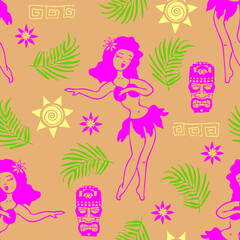 Obraz na płótnie Canvas Seamless vector pattern with aloha girl on pink background. Tropical holiday wallpaper design. Decorative Hawaii fashion textile.