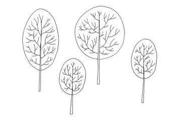 Trees. Vector hand-drawn doodle illustration. Black and white outline. Coloring book for children.