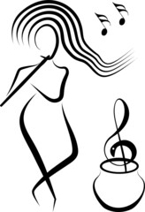 Woman playing flute for hypnotize an abstract snake in form of treble clef on basket. Outline vector.