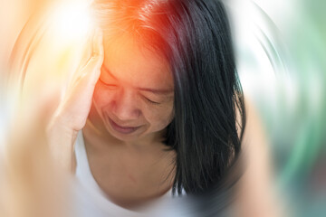 Vertigo illness concept. Woman hands on his head felling headache dizzy sense of spinning...
