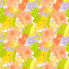Abstract seamless pattern with brush strokes textures in memphis style in bright colors red yellow, green with summer positive vibes. Texture for print, fabric, textile, wallpaper.