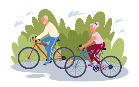 Elderly senior people cycling in park, cyclist grandfather grandmother ride bicycles