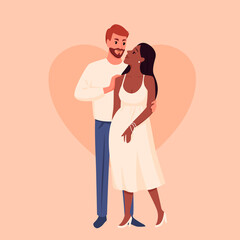 Pregnant cute couple people, different race happy married characters waiting for child