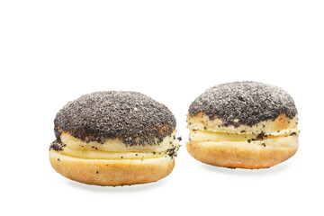 Zwei Faschingskrapfen mit Mohnstreusel und Cremefüllung