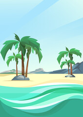 Fototapeta na wymiar Desert island coast with palms and mountain. Beautiful nature scenery in vertical orientation.