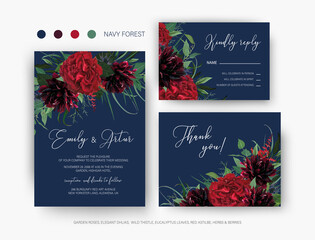 Burgundy red and greenery floral wedding vector set. Invite, rsvp, thank you card. Elegant red garden rose flower, wine dahlias green eucalyptus leaves, herbs wreath decoration on navy blue background