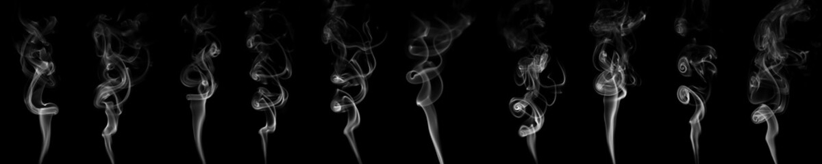 set swirling movement of white smoke group, abstract line Isolated on black background