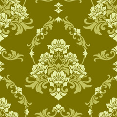 Seamless vector pattern with rococo style flowers on yellow green background. Vintage damask floral wallpaper design. Renaissance fashion textile.
