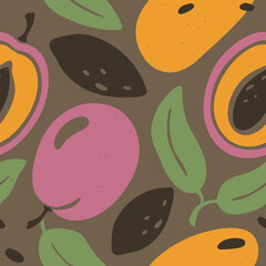 Cute plum seamless pattern. Whole and sliced plum on brown background. Vector shabby hand drawn illustration