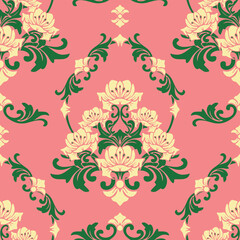 Seamless vector pattern with romantic flowers on pink background. Rococo floral wallpaper design with lilies. Decorative baroque fashion textile.