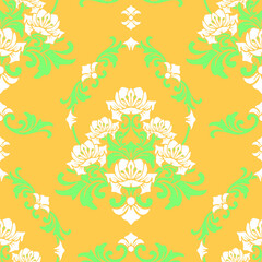 Seamless vector pattern with white lilies on yellow background. Beautiful damask floral wallpaper design. Decorative rococo fashion textile.