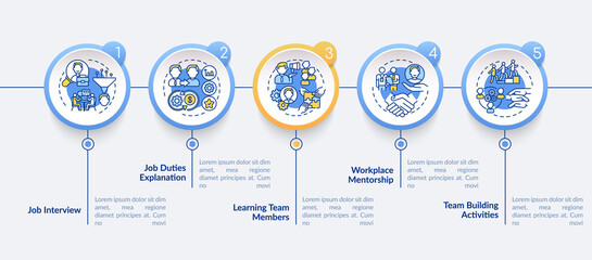 Trial period vector infographic template. Job accommodation presentation design elements. Data visualization with five steps. Process timeline chart. Workflow layout with linear icons