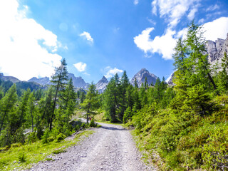 Obraz premium A small and gravelled road in mountain range of Lienz Dolomites, Austria. The mountains are partially overgrown with green bushes. Dangerous mountain climbing. Tall trees growing in front