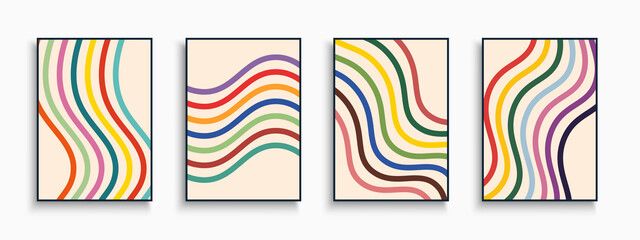 Set aus zeitgenössischen farbenfrohen Vorlagen, Postern, Plakaten, Broschüren, Bannern, Hintergründen, Flyern usw. Retro-trendige gestreifte Cover. Wellenförmiges Modedesign © ExpressVectors