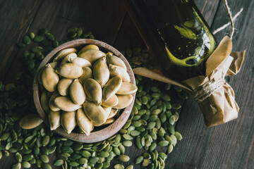 Ecological products. Pumpkin oil, pumpkin seeds. Healthy eating. Natural products.