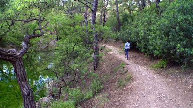 Rhodes Greece : hiking in the valley of seven springs (Epta Piges) next to the lake