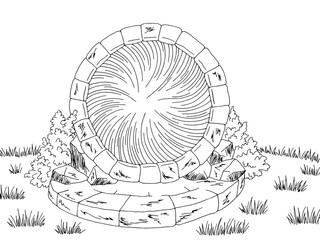 Magic portal graphic black white landscape sketch illustration vector