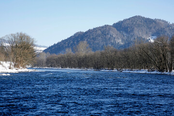 winter landscape of Dunajec river in Kroscienko, Pieniny Mountains, Poland