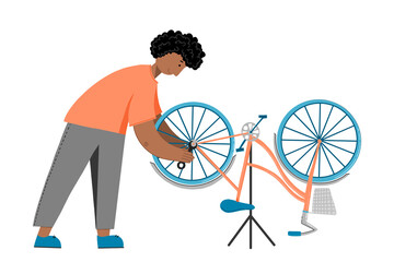Man Repairing Bicycle Vector Illustration