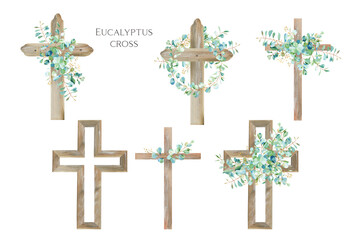 Watercolor Flower Cross, Wood Cross, Baptism, Floral Clipart, First Communion, Holy Spirit, Florals Arrangements, Easter cross - obrazy, fototapety, plakaty