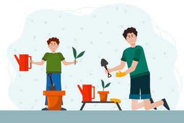 Father and son in the garden. The family digs, plants, waters, and spends time outdoors. Dad with a child in nature. Flat vector cartoon illustration of a family. Vector illustration
