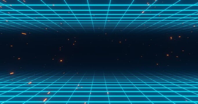 Retro background in 80s and 90s style. Seamless cyberpunk pattern of movement towards the sun. Neon landscape of mountains on a background of sunset. 4k Animation in retro wave and vintage style.