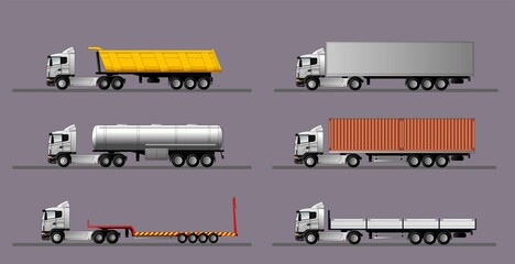 A set of images of a modern european truck with different variants of semi-trailers.