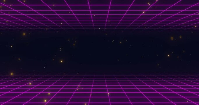 Retro blue background in 80s and 90s style. Seamless cyberpunk pattern of movement towards the sun. Neon landscape of mountains on a background of sunset. 4k Animation in retro wave style.