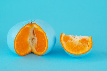 Turquoise tangerine on a turquoise background. Fake and GMO concept