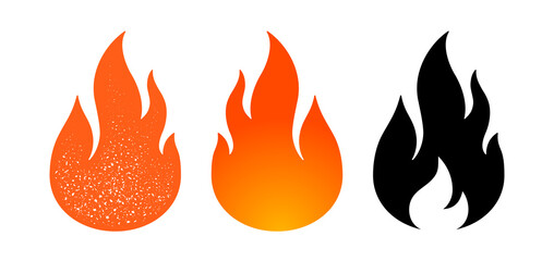 Fire, flame. Red flame in abstract style on white background. Flat fire collection set. Modern art isolated graphic. Fire sign. Vector Illustration