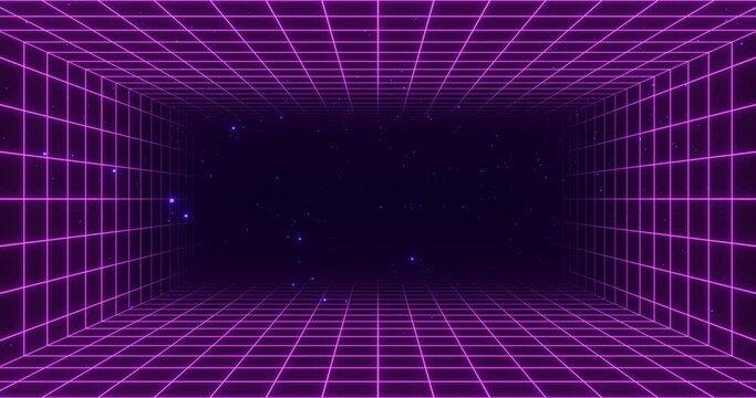 Retro purple background in 80s and 90s style. Seamless cyberpunk pattern of movement towards the sun. Neon landscape of mountains on a background of sunset. 4k Animation in retro wave style.