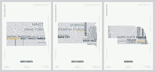 Typography composition of city names, silhouettes maps of the states of America, vector detailed posters, Division West North Central - North Dakota, South Dakota, Nebraska - set 7 of 17