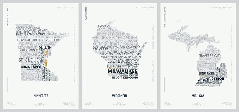 Typography Composition Of City Names, Silhouettes Maps Of The States Of America, Vector Detailed Posters, The Great Lakes Region - Minnesota, Wisconsin,  Michigan - Set 5 Of 17