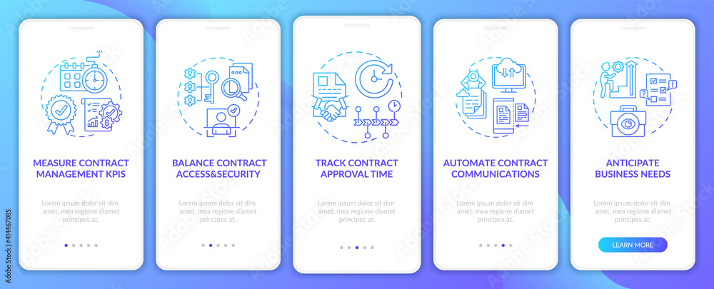 Poster efficient contract management tips onboarding mobile app page screen with concepts. contract conditi