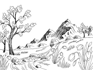 Spring graphic black white landscape tree sketch illustration vector 