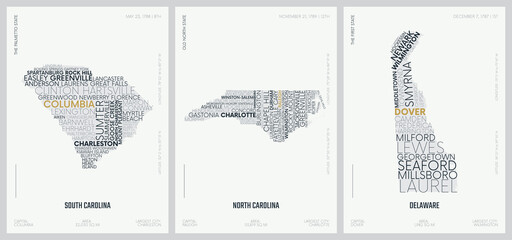 Typography composition of city names, silhouettes maps of the states of America, vector detailed posters, Division South Atlantic - South Carolina, North Carolina, Delaware - set 9 of 17 © max_776