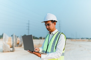 Professional Engineer wearing a helmet inspects a new project in a laptop.