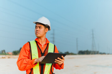 Professional Engineer wearing a helmet inspects a new project in a laptop.