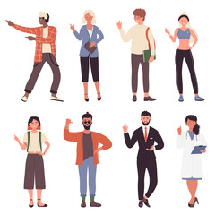 People point fingers, gestures and poses vector illustration set. Cartoon man woman characters standing, professional workers or student showing pointing sign left or right with hand isolated on white