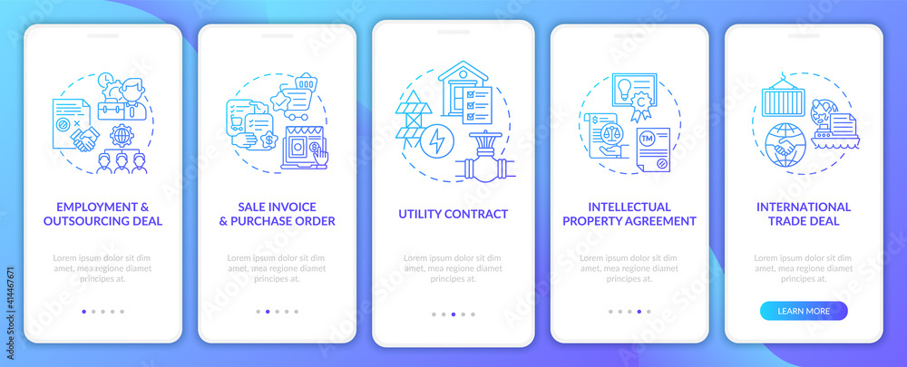 Poster common commercial contracts types onboarding mobile app page screen with concepts. trade deal walkth