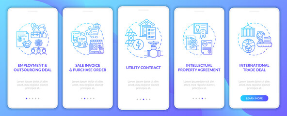 Fototapeta na wymiar Common commercial contracts types onboarding mobile app page screen with concepts. Trade deal walkthrough 5 steps graphic instructions. UI vector template with RGB color illustrations
