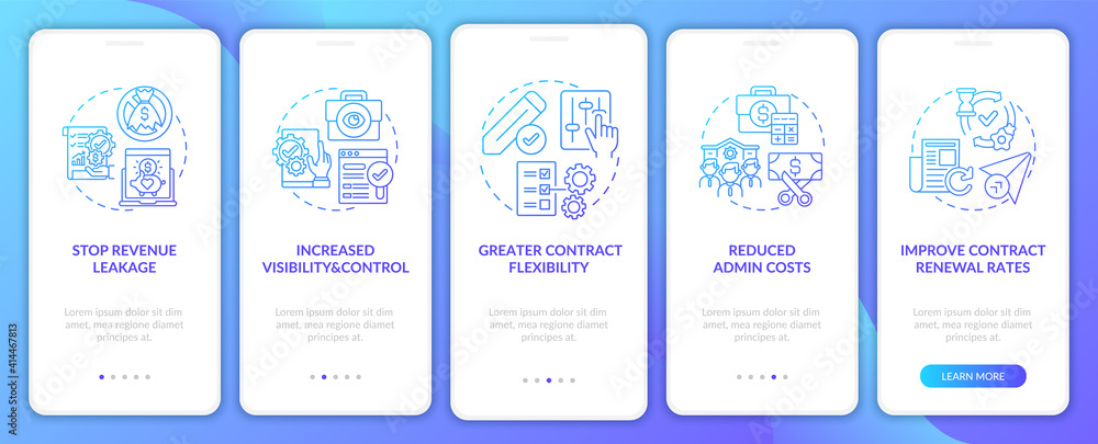 Poster contract management automation benefits onboarding mobile app page screen with concepts. reduce cost